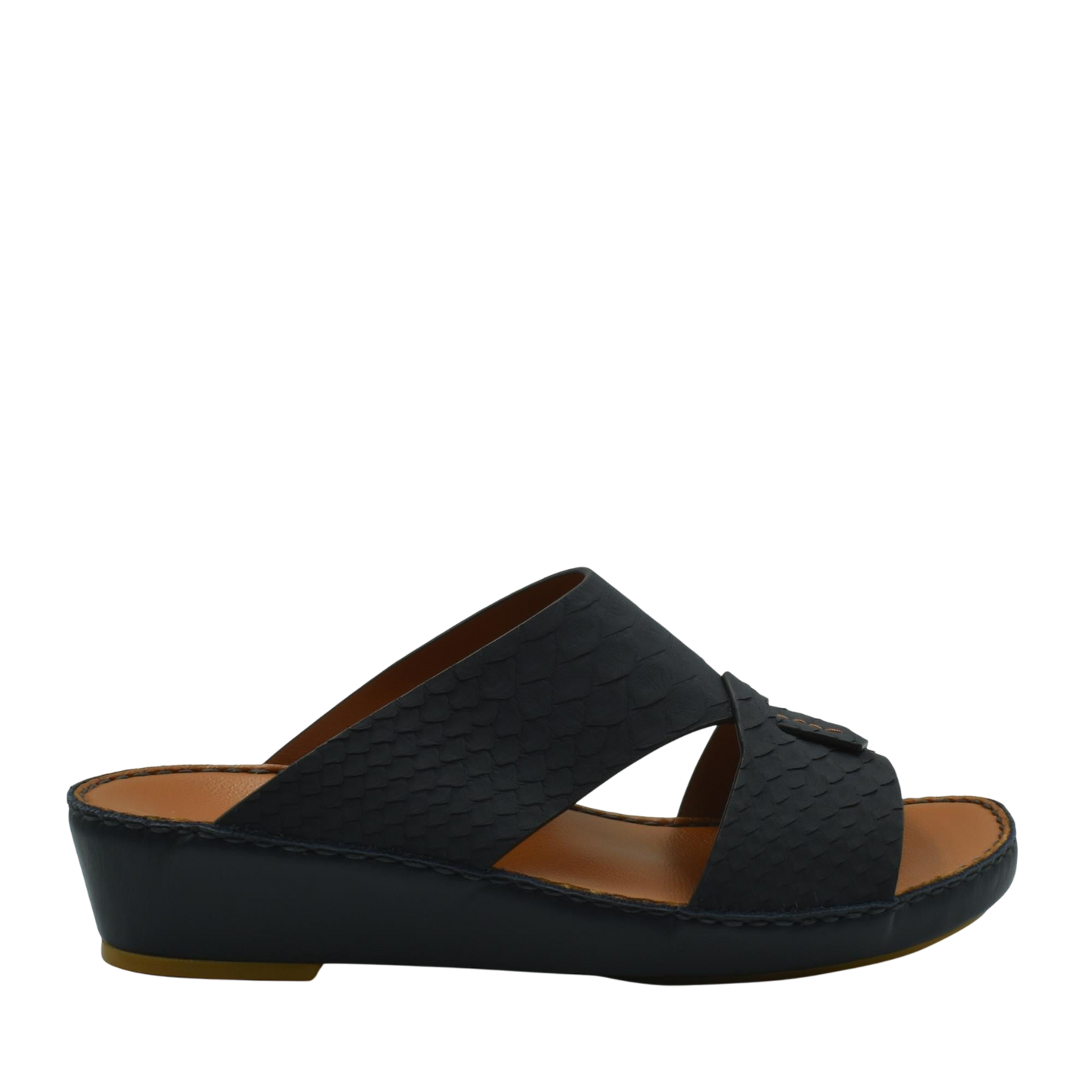 Black slip-on rubber python shoes with textured pattern and cushioned wedge sole