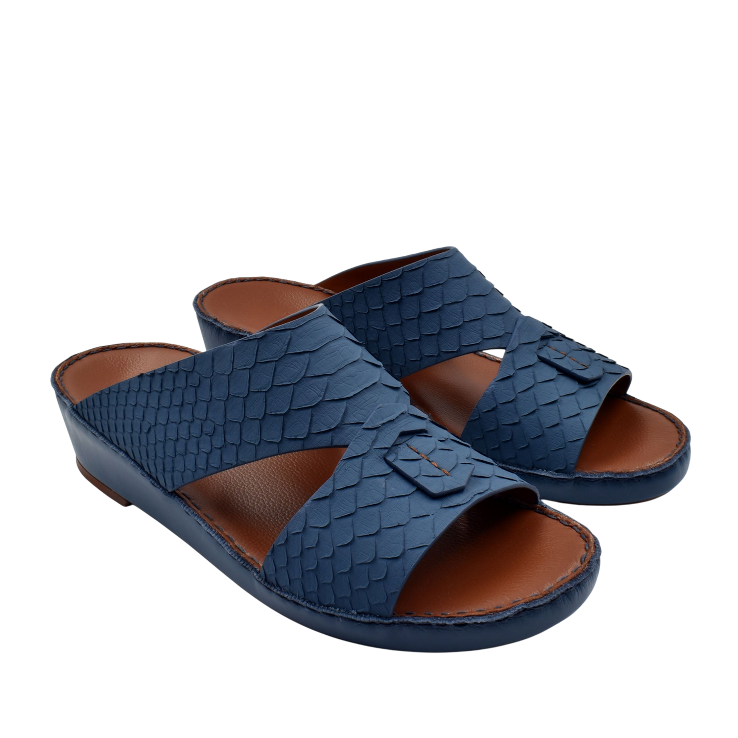 Blue rubber python shoes with textured scale pattern and brown cushioned footbed slip-on design