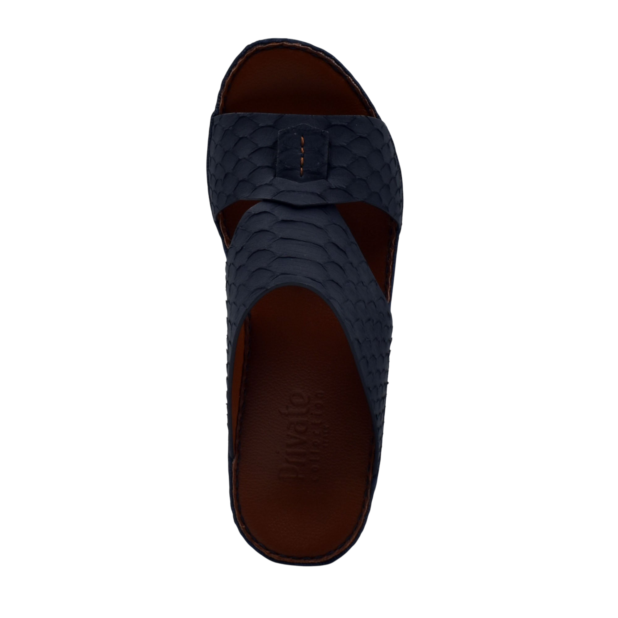 Top view of black rubber python shoes slide sandal with textured pattern and brown insole