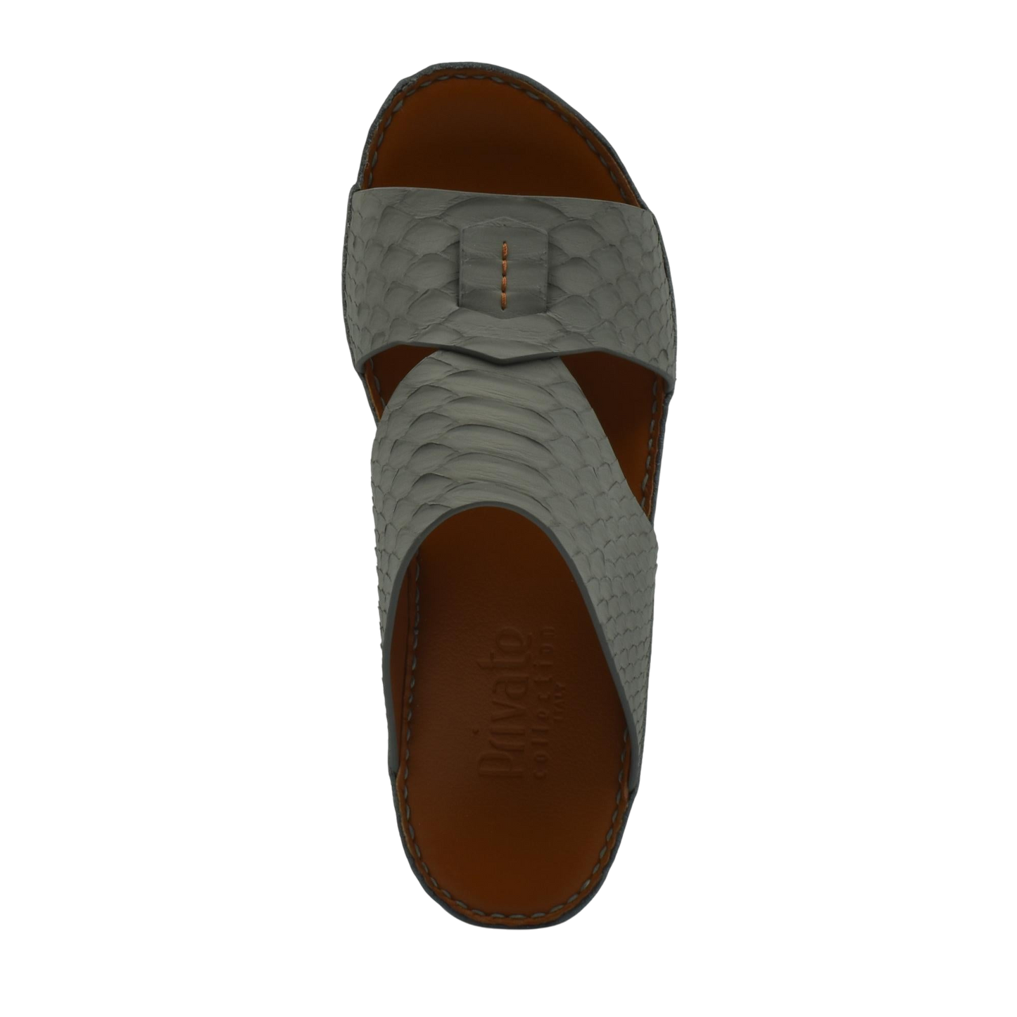 Top view of gray rubber python shoes slide sandal with textured upper and brown sole