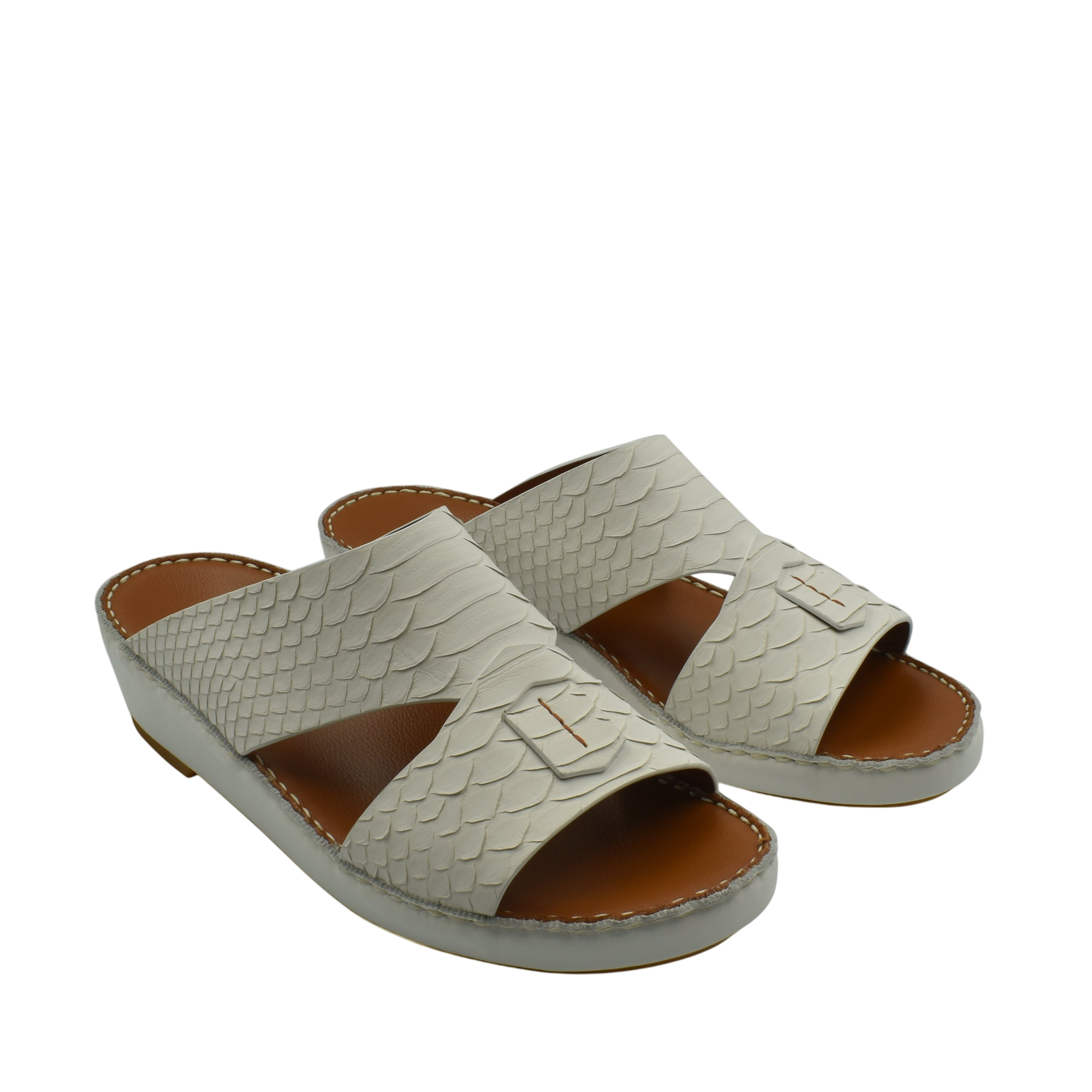 Light gray rubber python shoes with open toe and textured scale pattern in slide sandal style