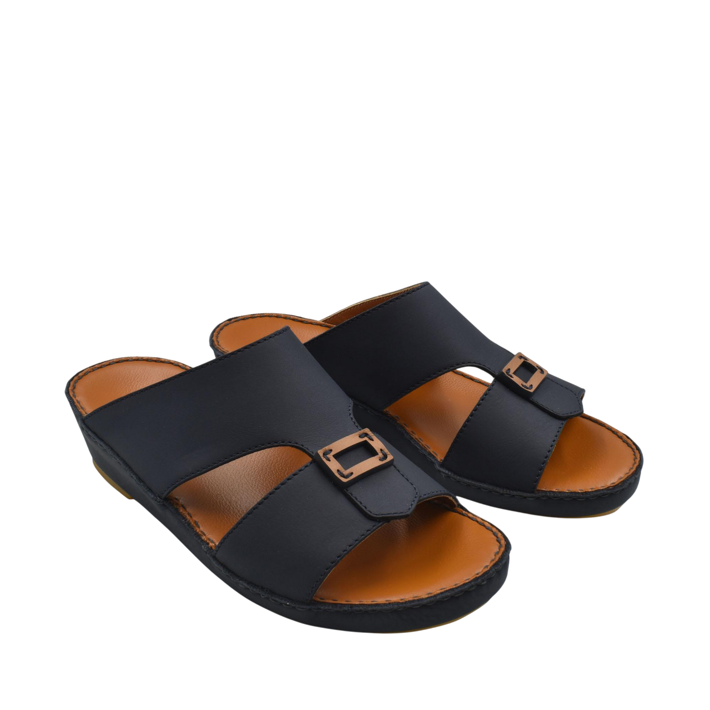Black rubbercalf contrast sandals with buckle detail and cushioned tan footbed for comfort