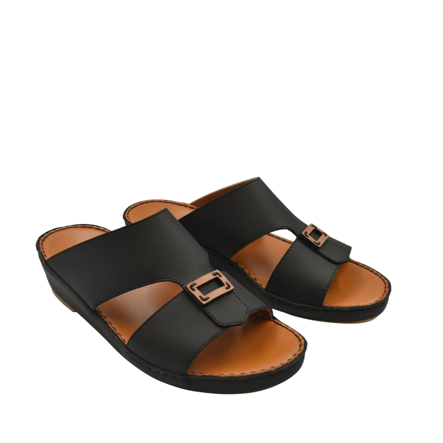 Black rubbercalf contrast sandals with brown cushioned footbed and adjustable buckle straps