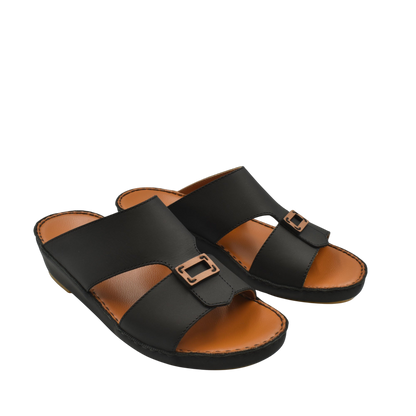 Black rubbercalf contrast sandals with brown cushioned footbed and adjustable buckle straps