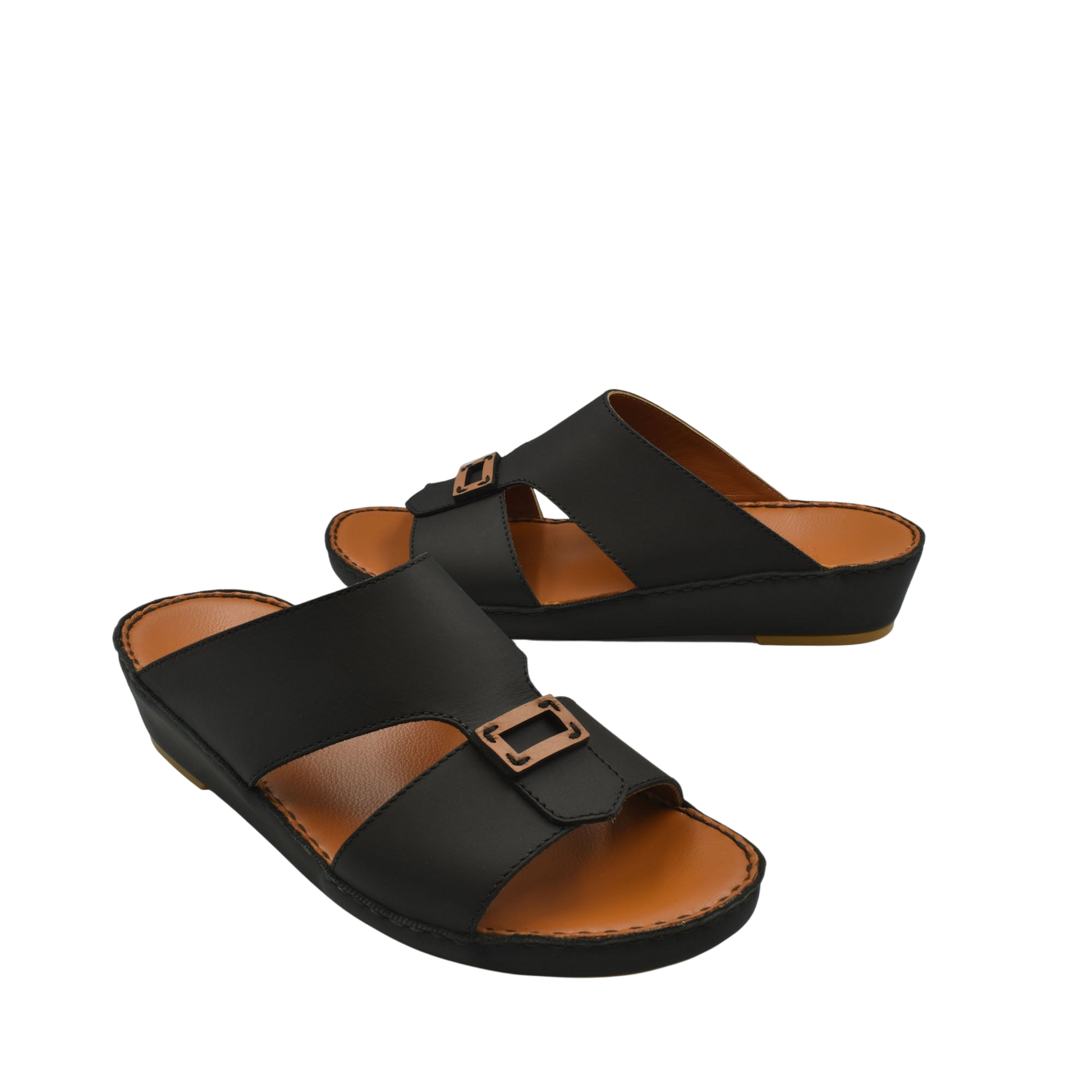 Black leather rubbercalf contrast sandals with adjustable buckles and cushioned brown footbed