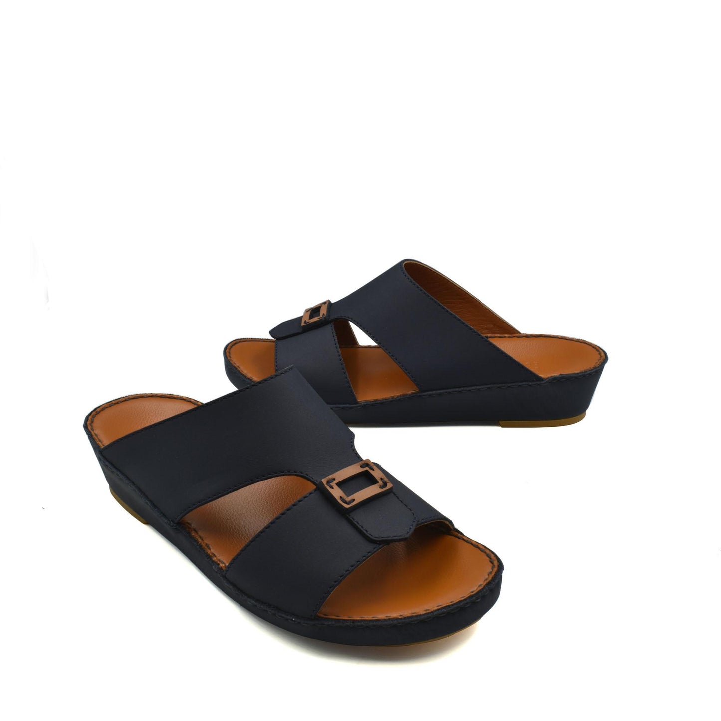 Black rubbercalf contrast sandals with adjustable buckle straps and cushioned brown insoles