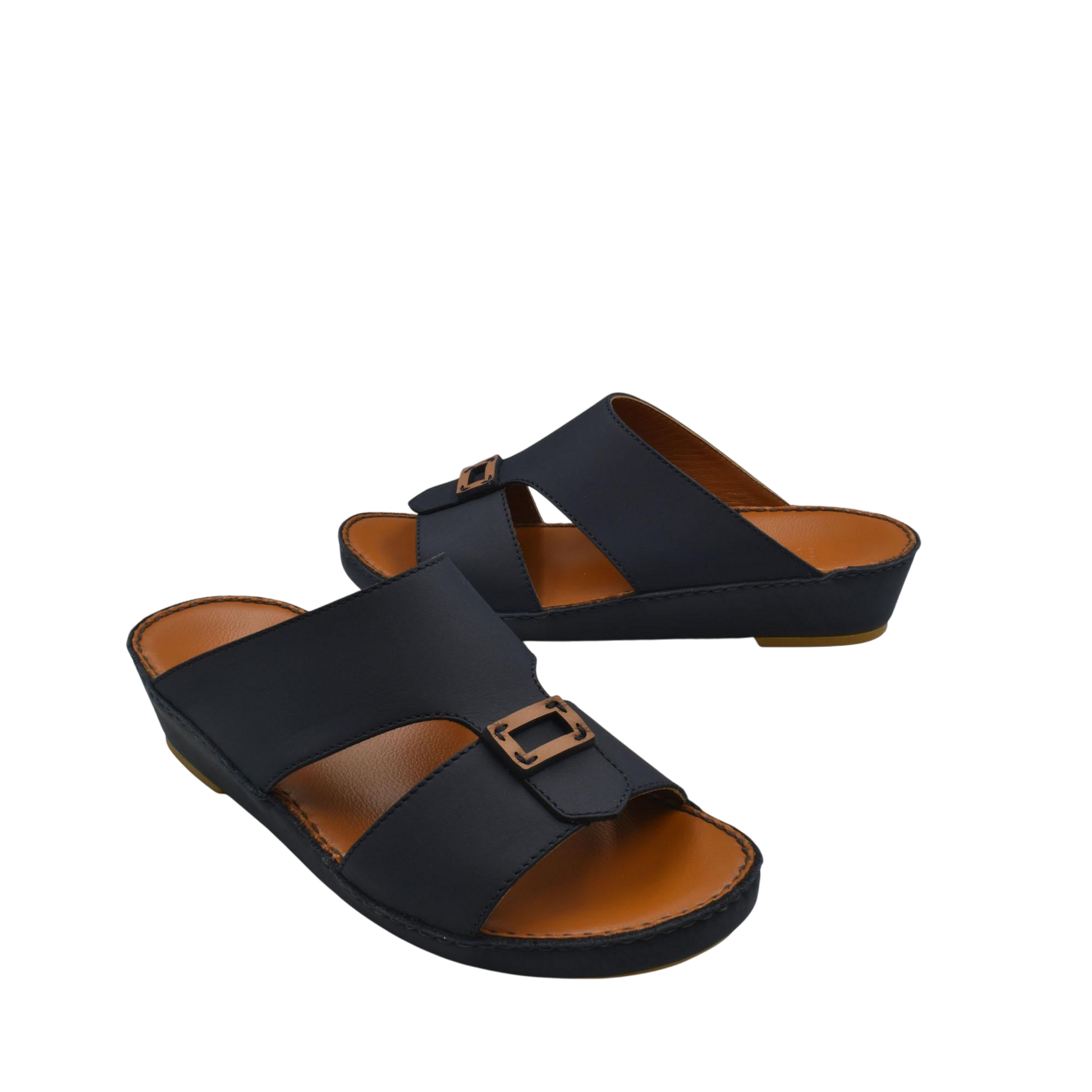Black rubbercalf contrast sandals with adjustable buckle straps and cushioned brown insoles