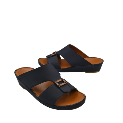 Black rubbercalf contrast sandals with adjustable buckle straps and cushioned brown insoles