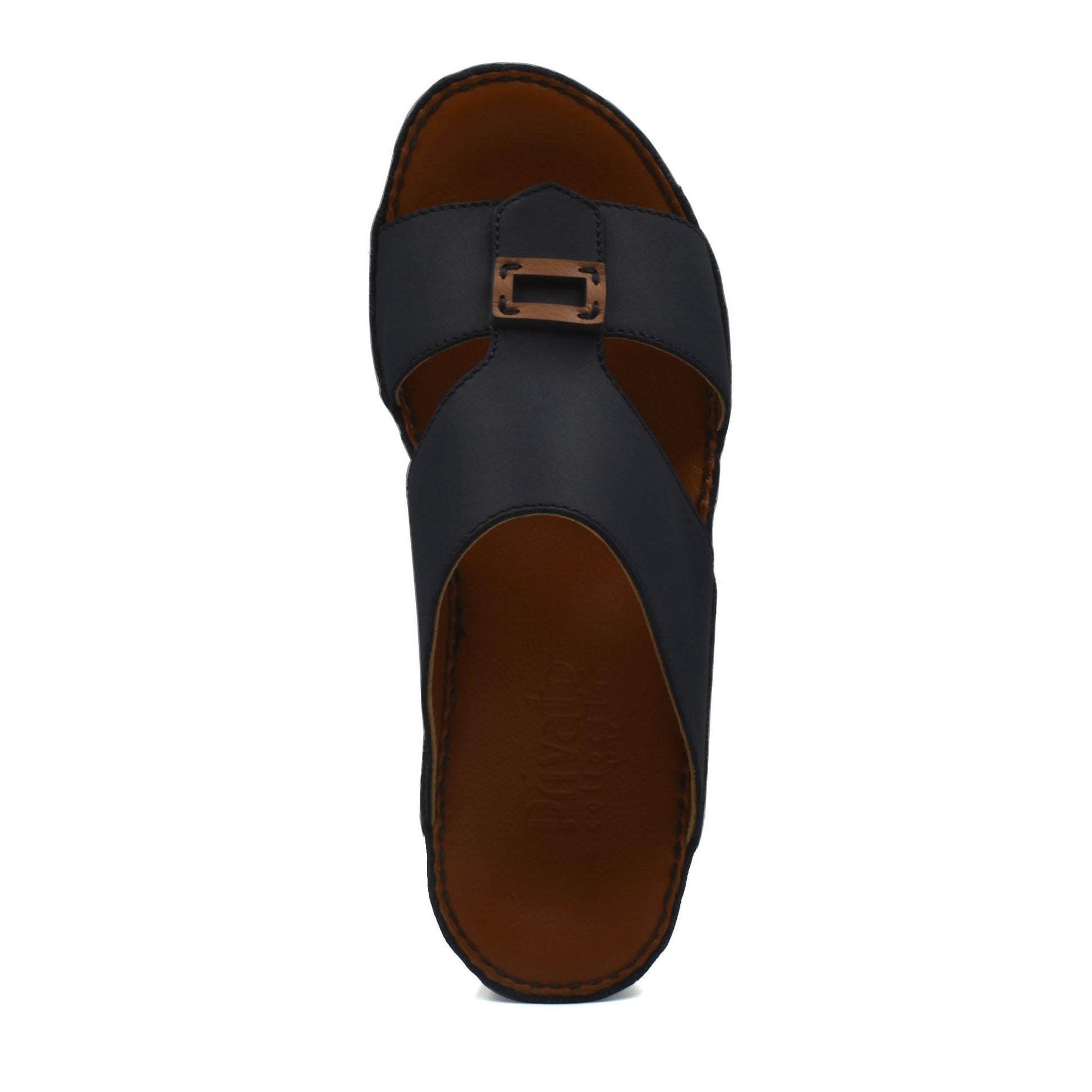 Black rubbercalf contrast sandals with buckle strap and brown cushioned footbed for comfort
