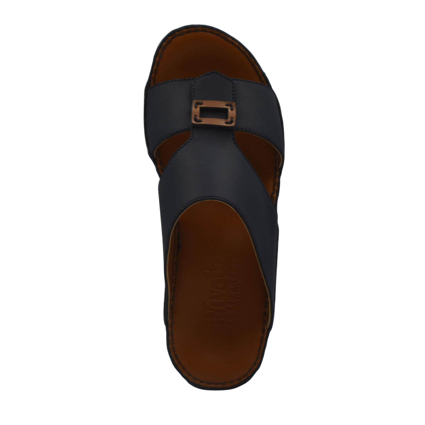 Black rubbercalf contrast sandals with buckle strap and brown cushioned footbed for comfort