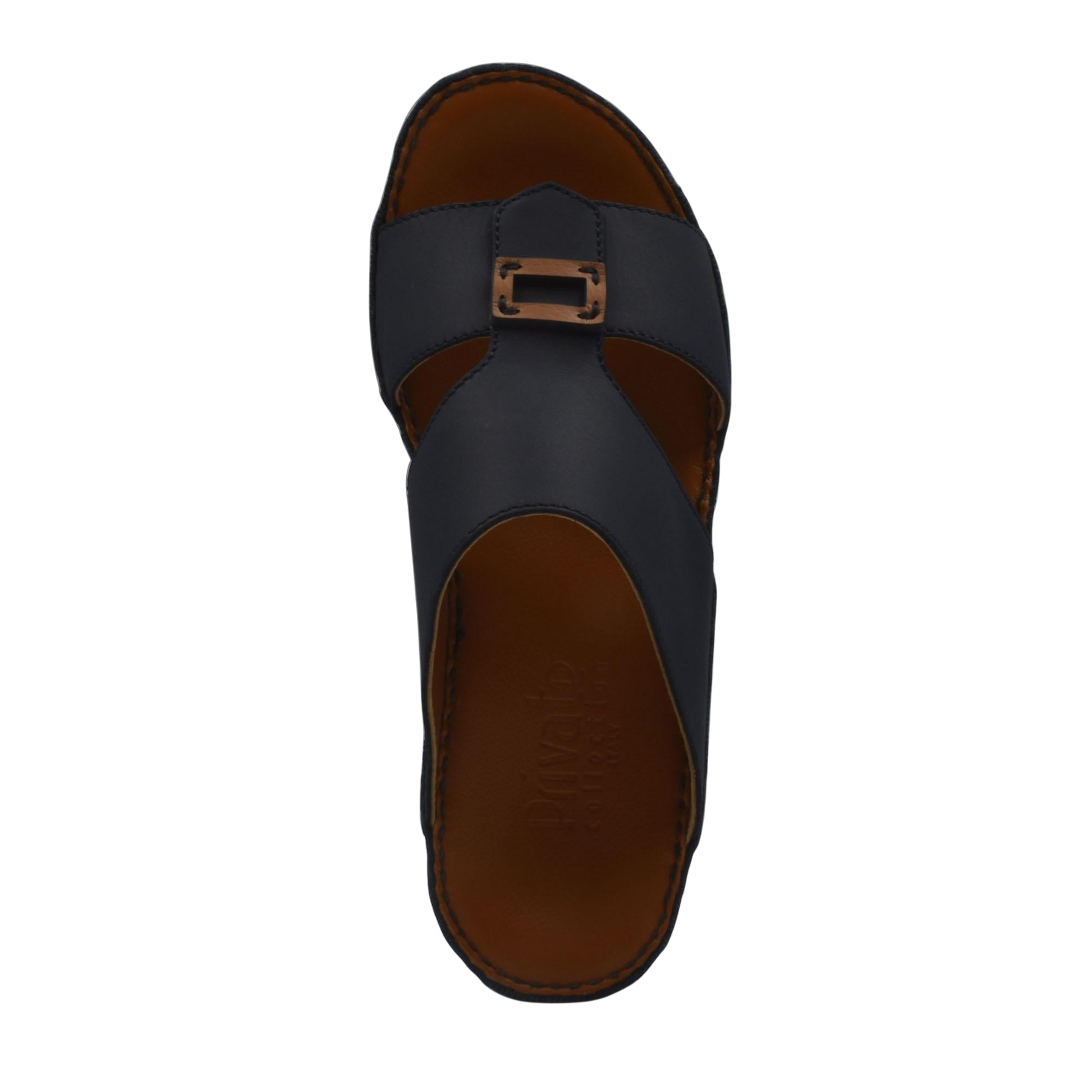 Black rubbercalf contrast sandals with buckle strap and brown cushioned footbed for comfort