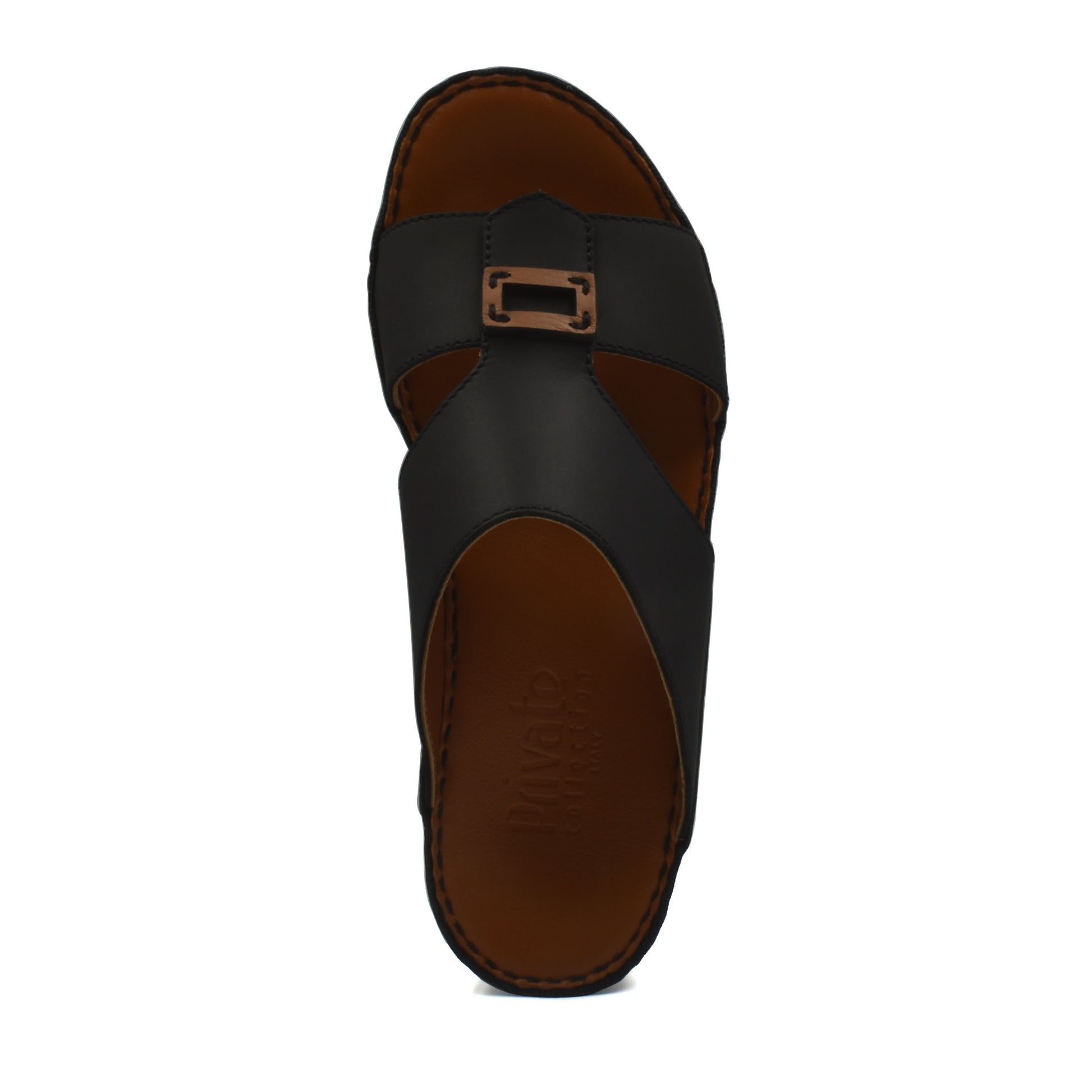 Black rubbercalf contrast sandals with buckle detail and brown cushioned footbed in private collection