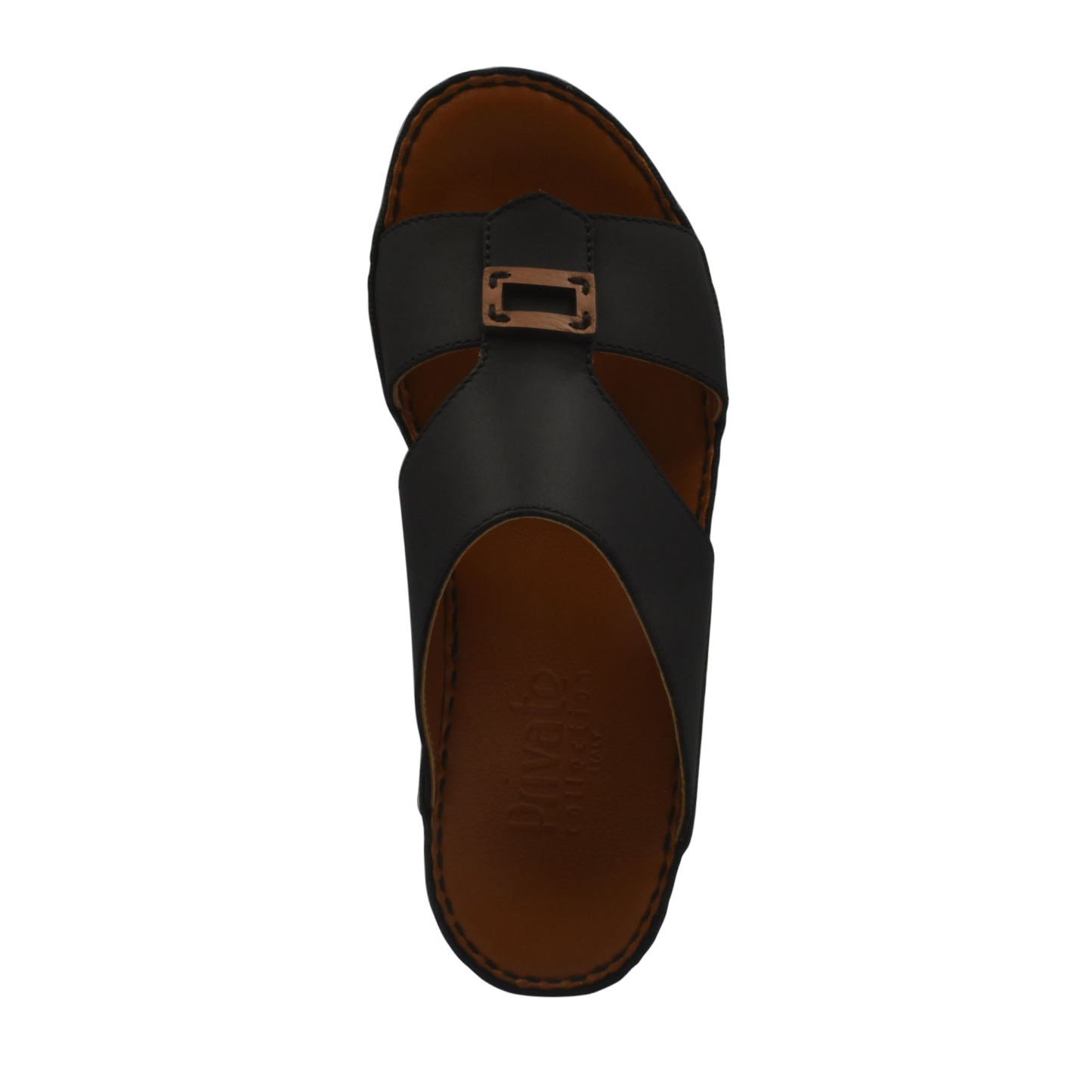 Black rubbercalf contrast sandals with buckle detail and brown cushioned footbed in private collection