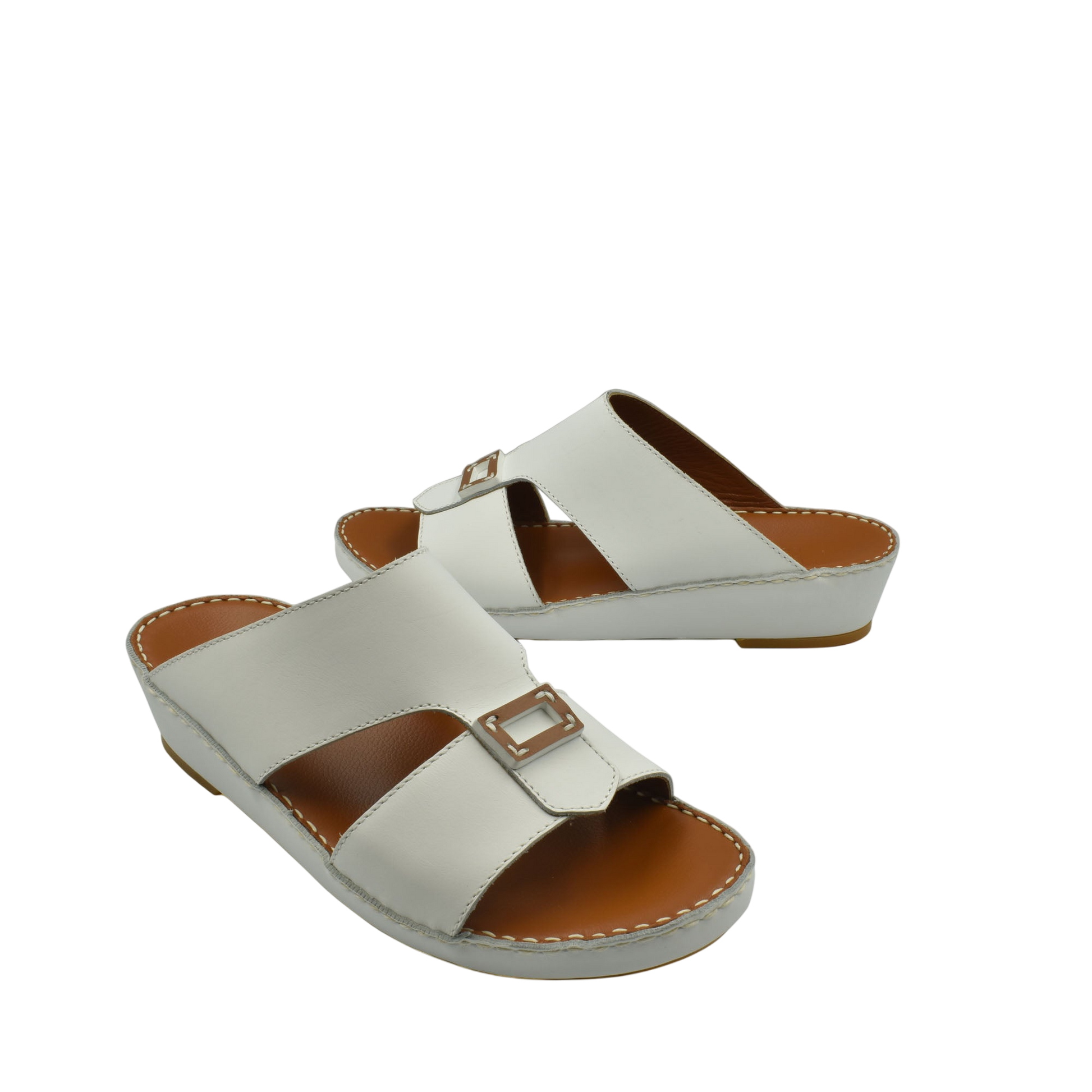 White rubbercalf contrast sandals with buckle detail and cushioned sole for comfortable wear