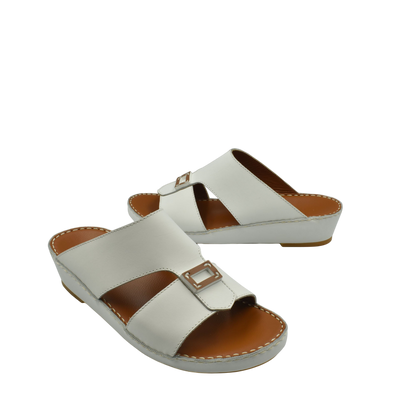 White rubbercalf contrast sandals with buckle detail and cushioned sole for comfortable wear