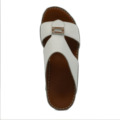 White rubbercalf contrast sandals with brown cushioned sole and buckle detail for stylish comfort