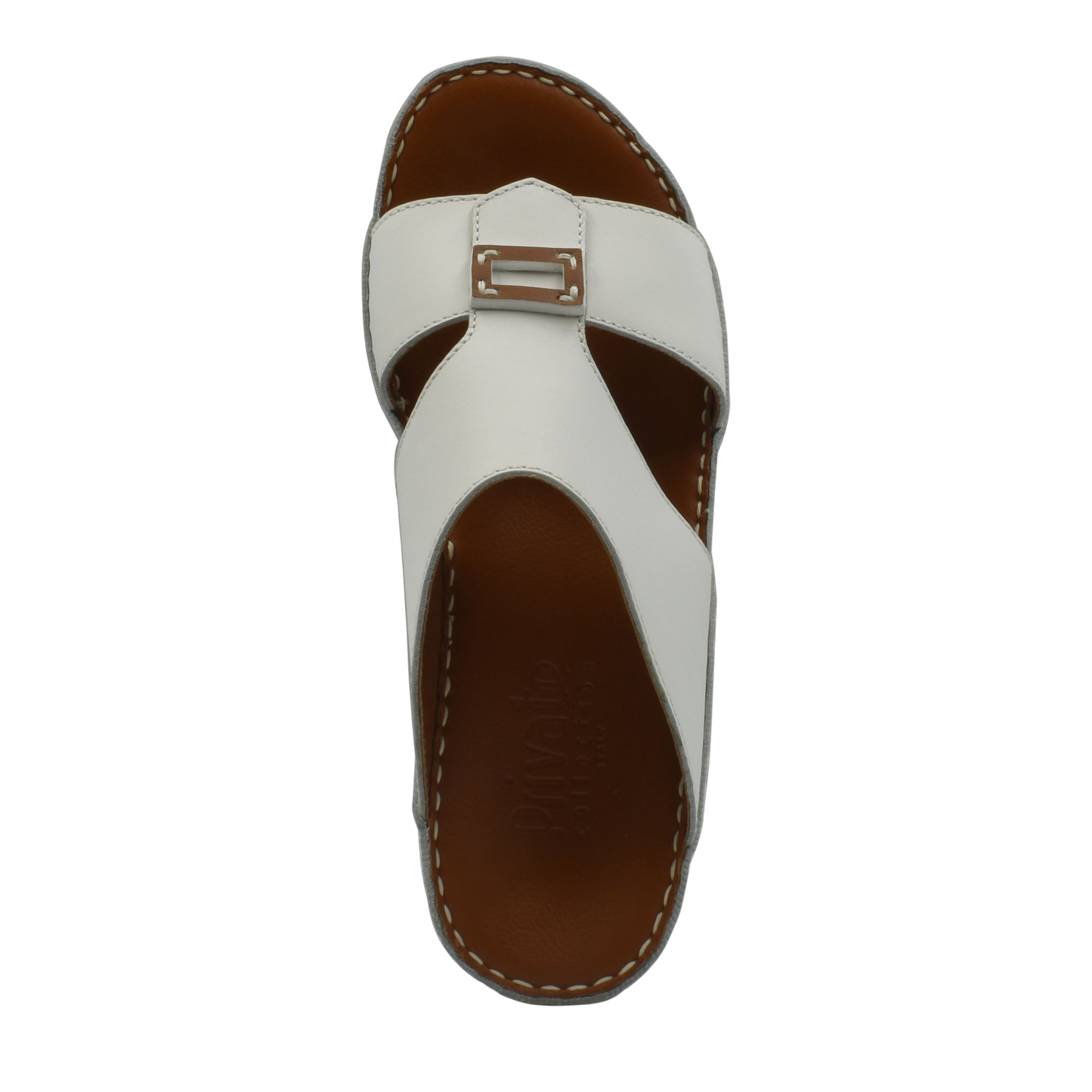 White rubbercalf contrast sandals with brown cushioned sole and buckle detail for stylish comfort