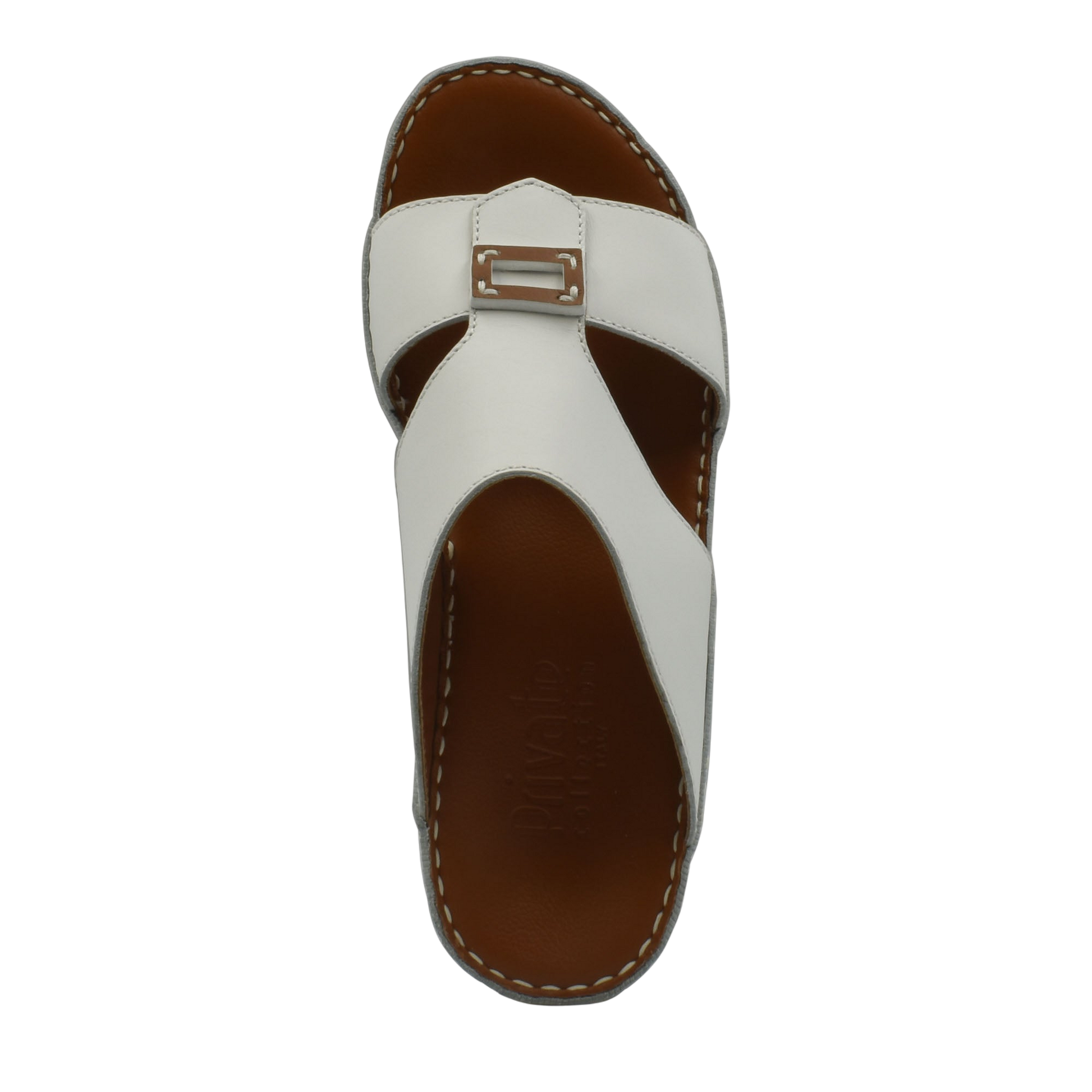 White rubbercalf contrast sandals with brown cushioned sole and buckle detail for stylish comfort