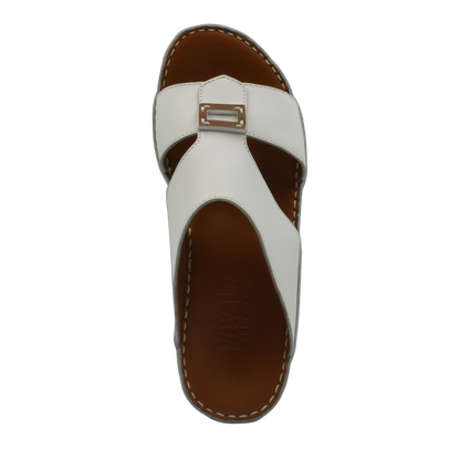 White rubbercalf contrast sandals with brown cushioned sole and buckle detail for stylish comfort