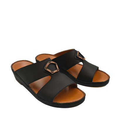 Black Rubbercalf contrast shoes with open toe design and adjustable buckle strap