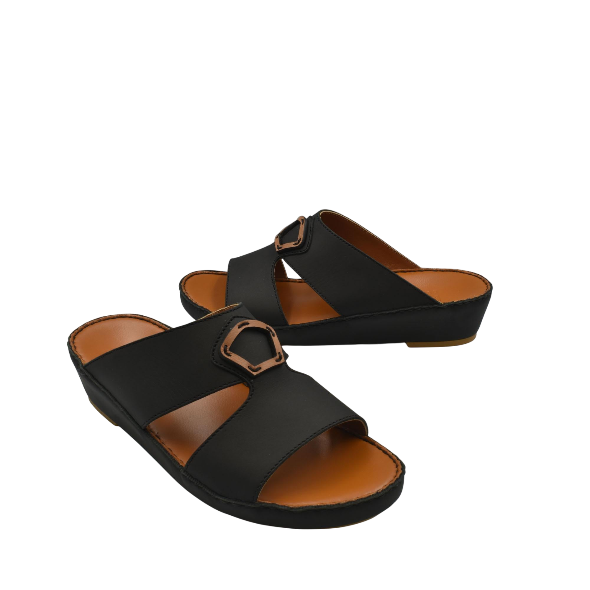 Black and brown Rubbercalf contrast shoes with open toe and decorative buckle on white background