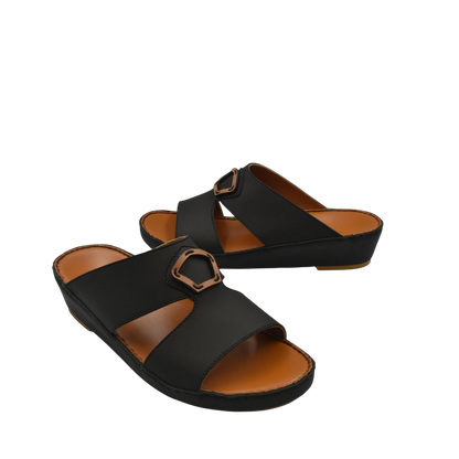 Black and brown Rubbercalf contrast shoes with open toe and decorative buckle on white background