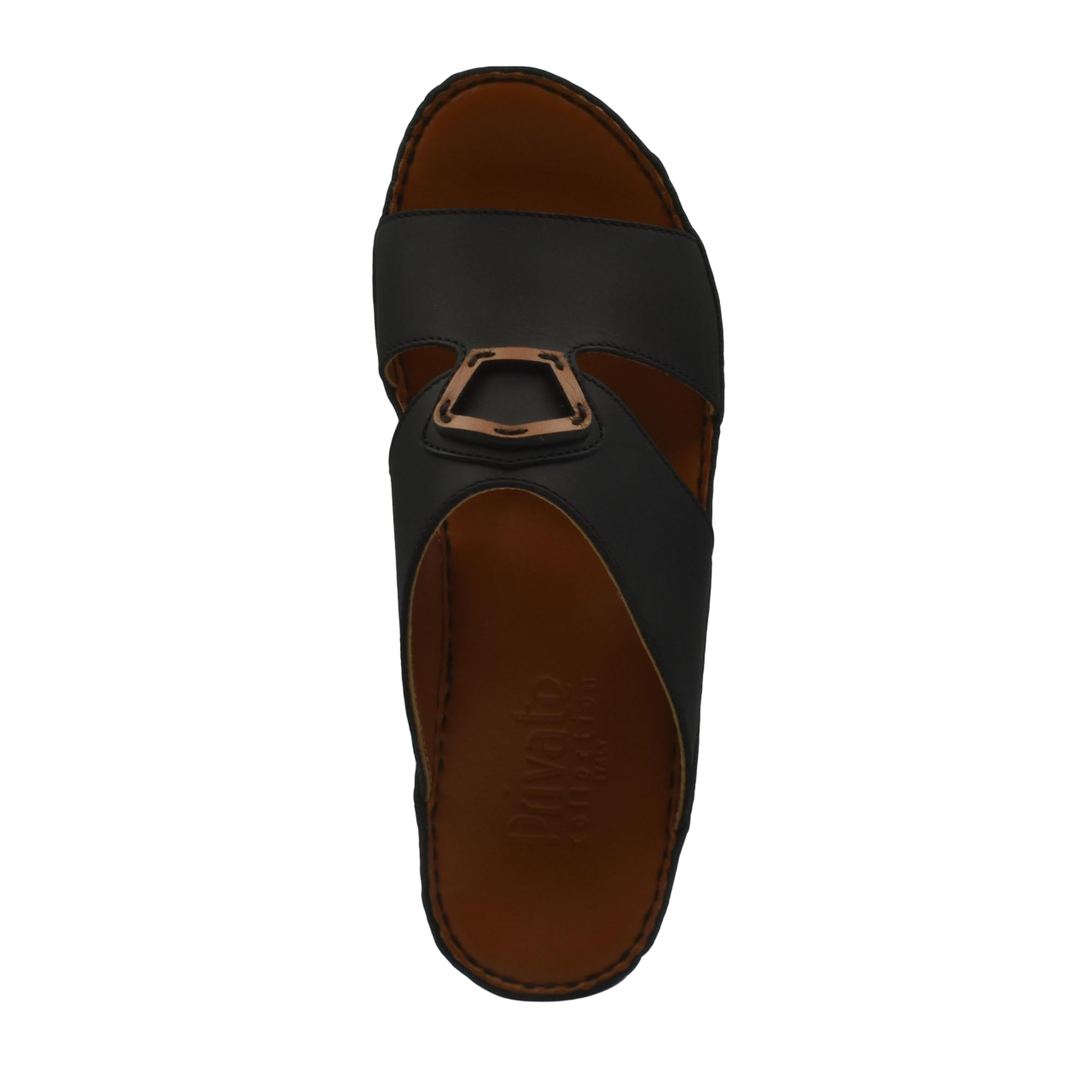 Top view of Rubbercalf contrast shoes in black with brown sole and decorative buckle detail