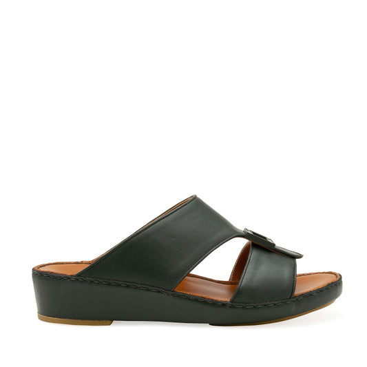 Black soft calf leather sandals with open toe and low wedge heel for comfortable wear
