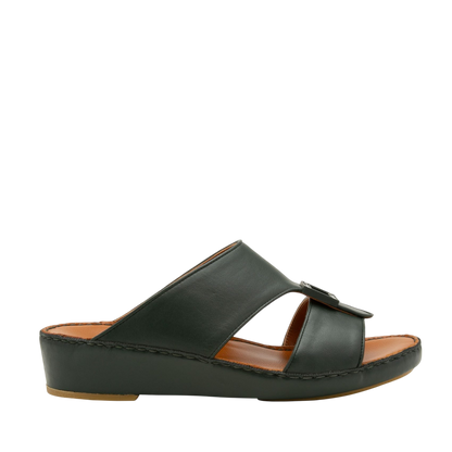 Black soft calf leather sandals with open toe and low wedge heel for comfortable wear