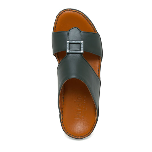 Black soft calf leather sandals with buckle strap and brown cushioned insole from Private collection
