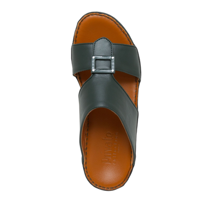 Black soft calf leather sandals with buckle strap and brown cushioned insole from Private collection