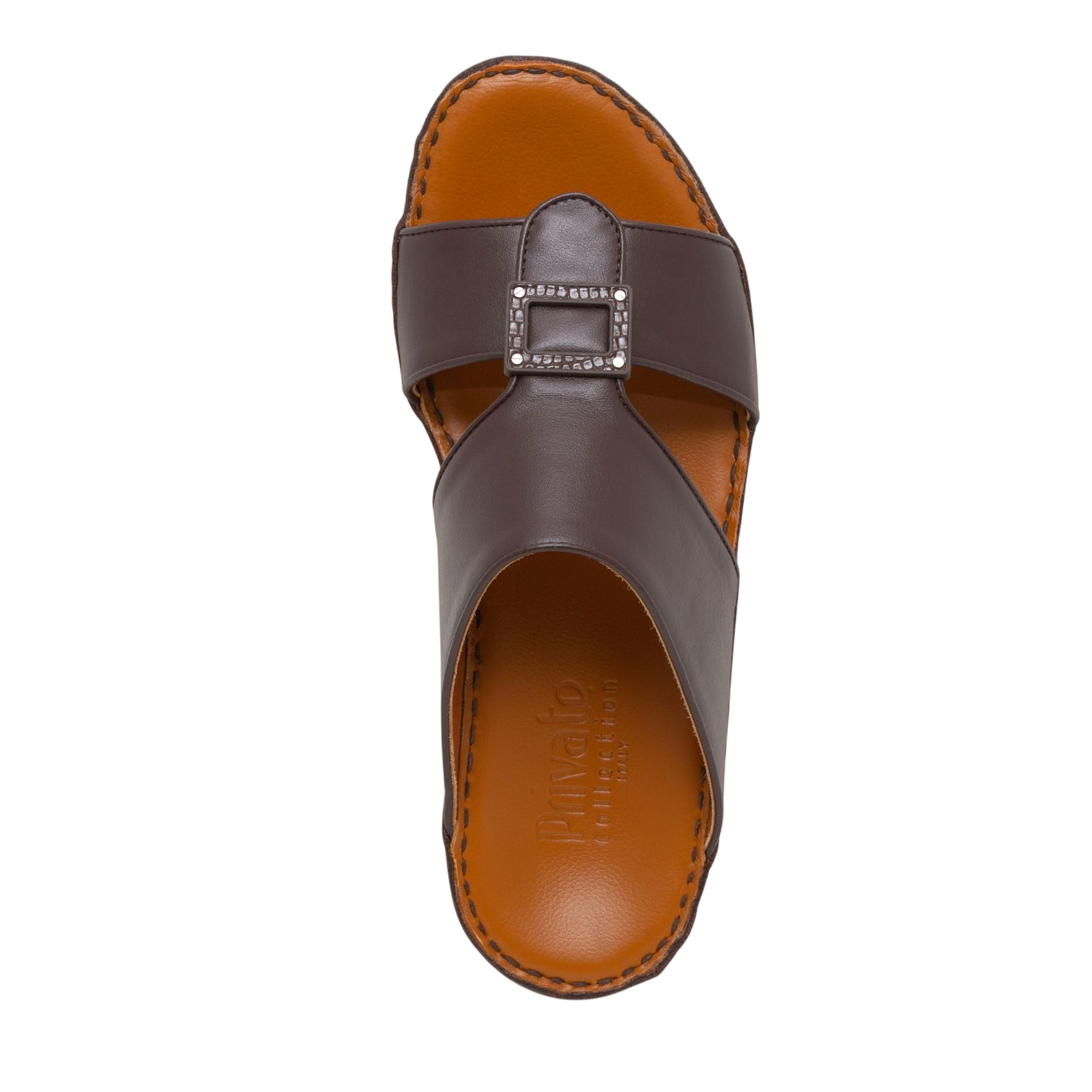 Brown soft calf leather sandals with decorative buckle and cushioned tan footbed from Private collection