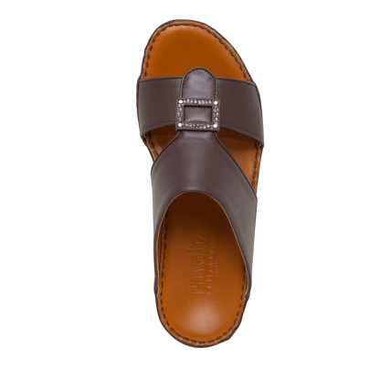 Brown soft calf leather sandals with decorative buckle and cushioned tan footbed from Private collection