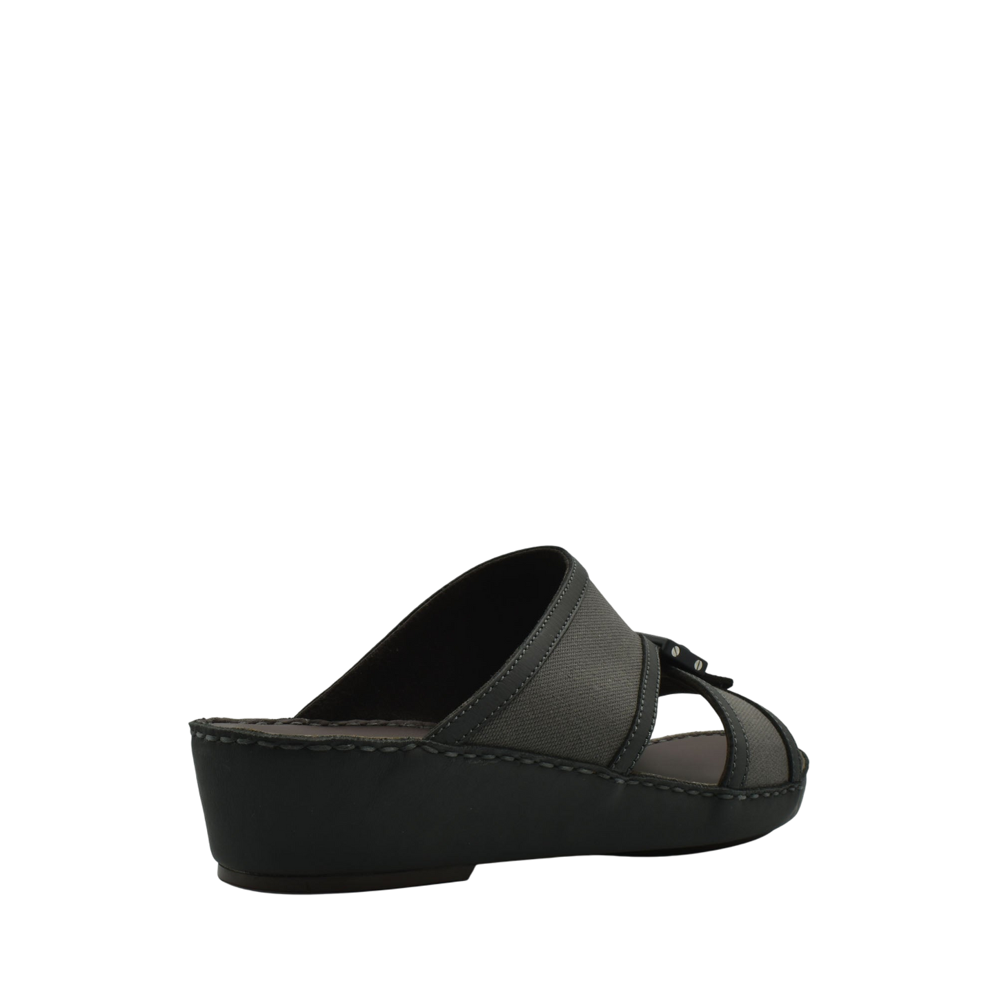 Black softcalf comfort slip on sandals with a low wedge heel and open toe design