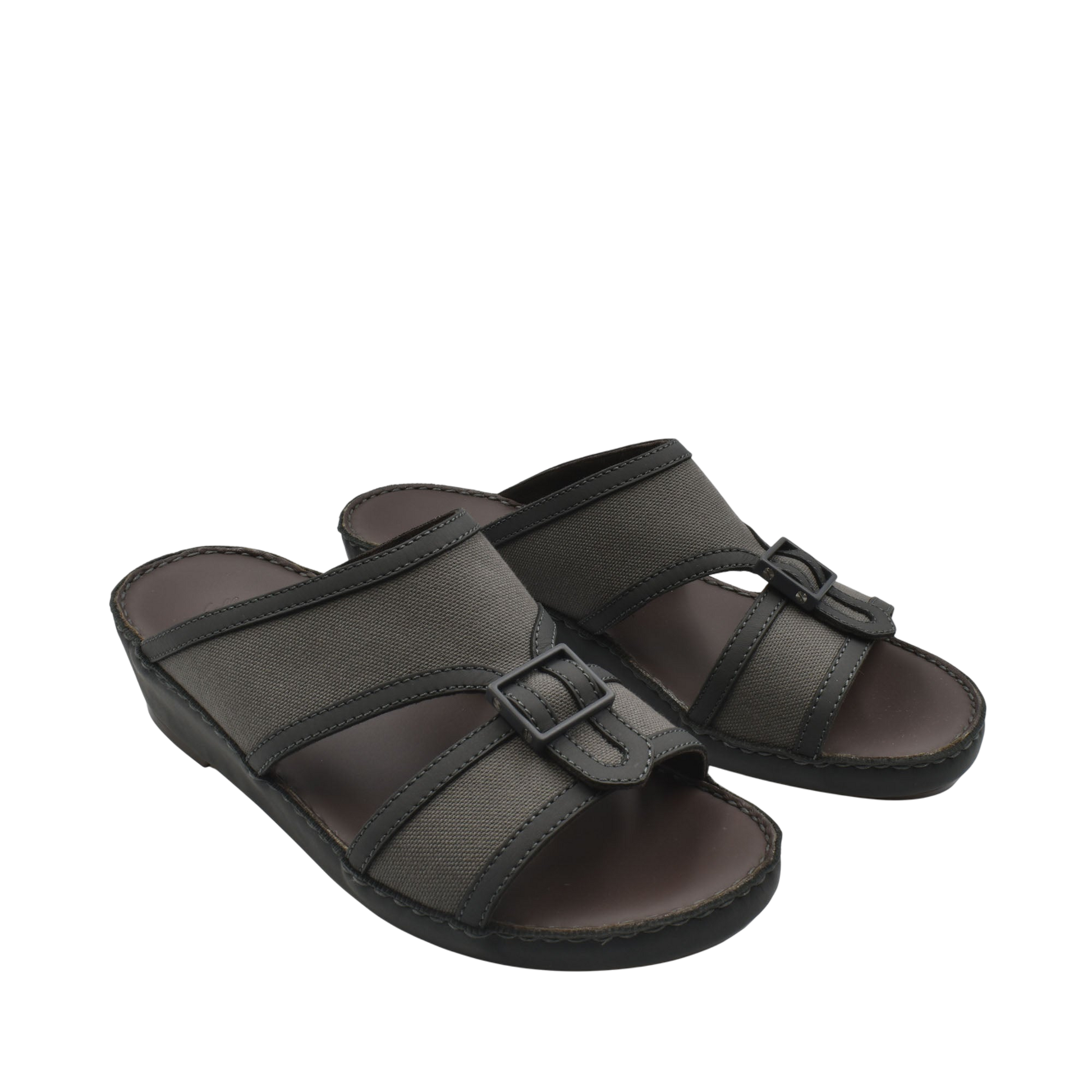 Black softcalf comfort slip on sandals with adjustable buckle straps and cushioned soles