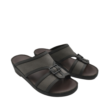 Black softcalf comfort slip on sandals with adjustable buckle straps and cushioned soles