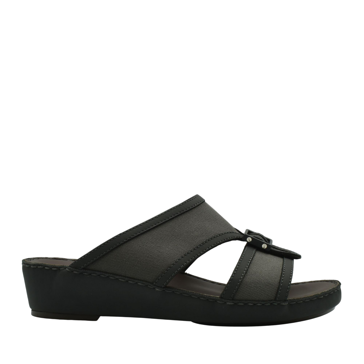 Black softcalf comfort slip on sandals with low wedge heel and adjustable strap from Private collection