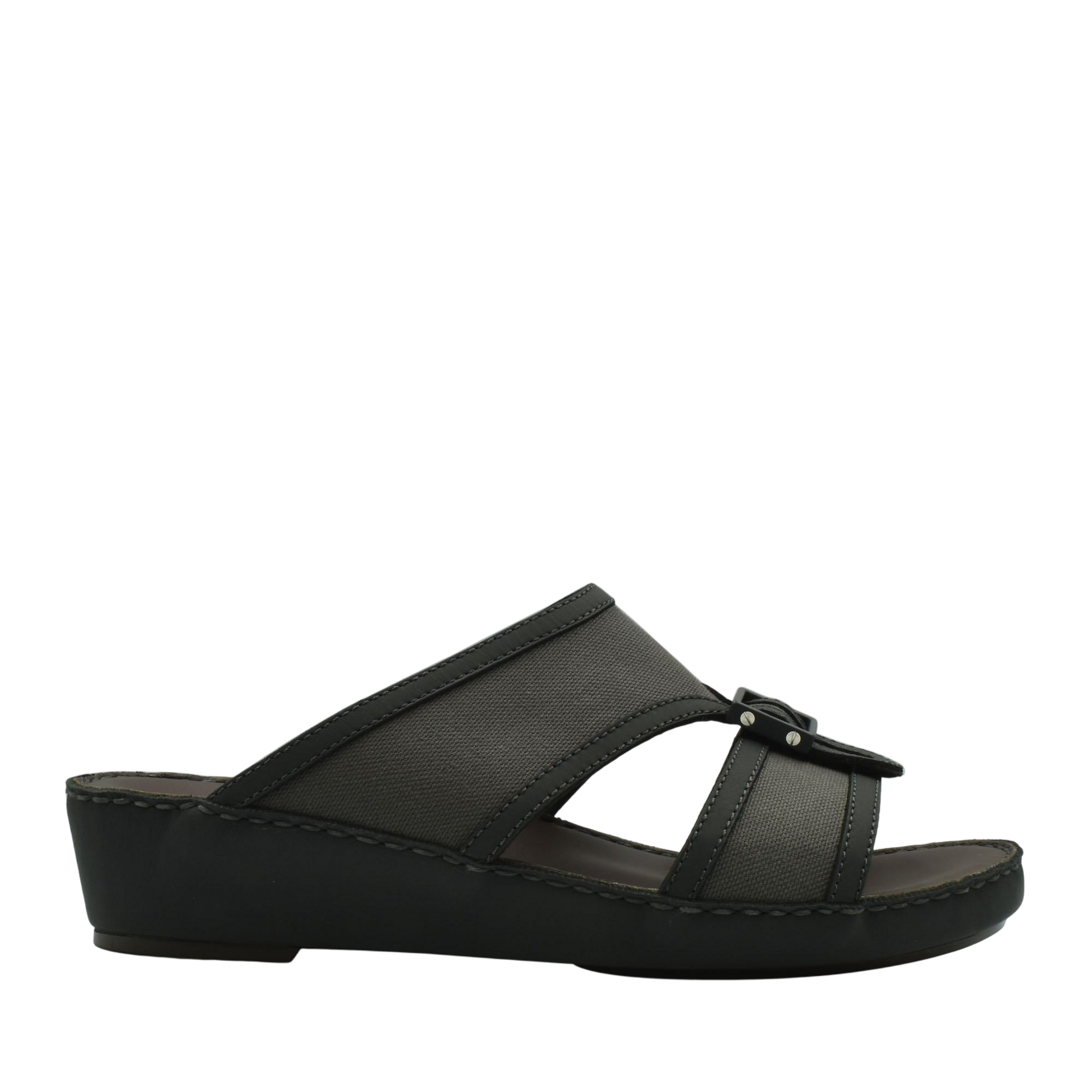 Black softcalf comfort slip on sandals with low wedge heel and adjustable strap from Private collection