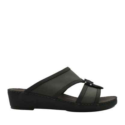 Black softcalf comfort slip on sandals with low wedge heel and adjustable strap from Private collection