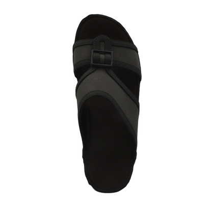 Softcalf comfort slip on sandals in black with adjustable buckle strap for easy wear