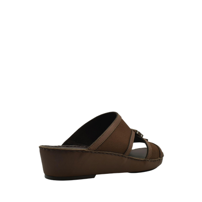 Brown softcalf comfort slip on sandals with wedge heel and open toe design