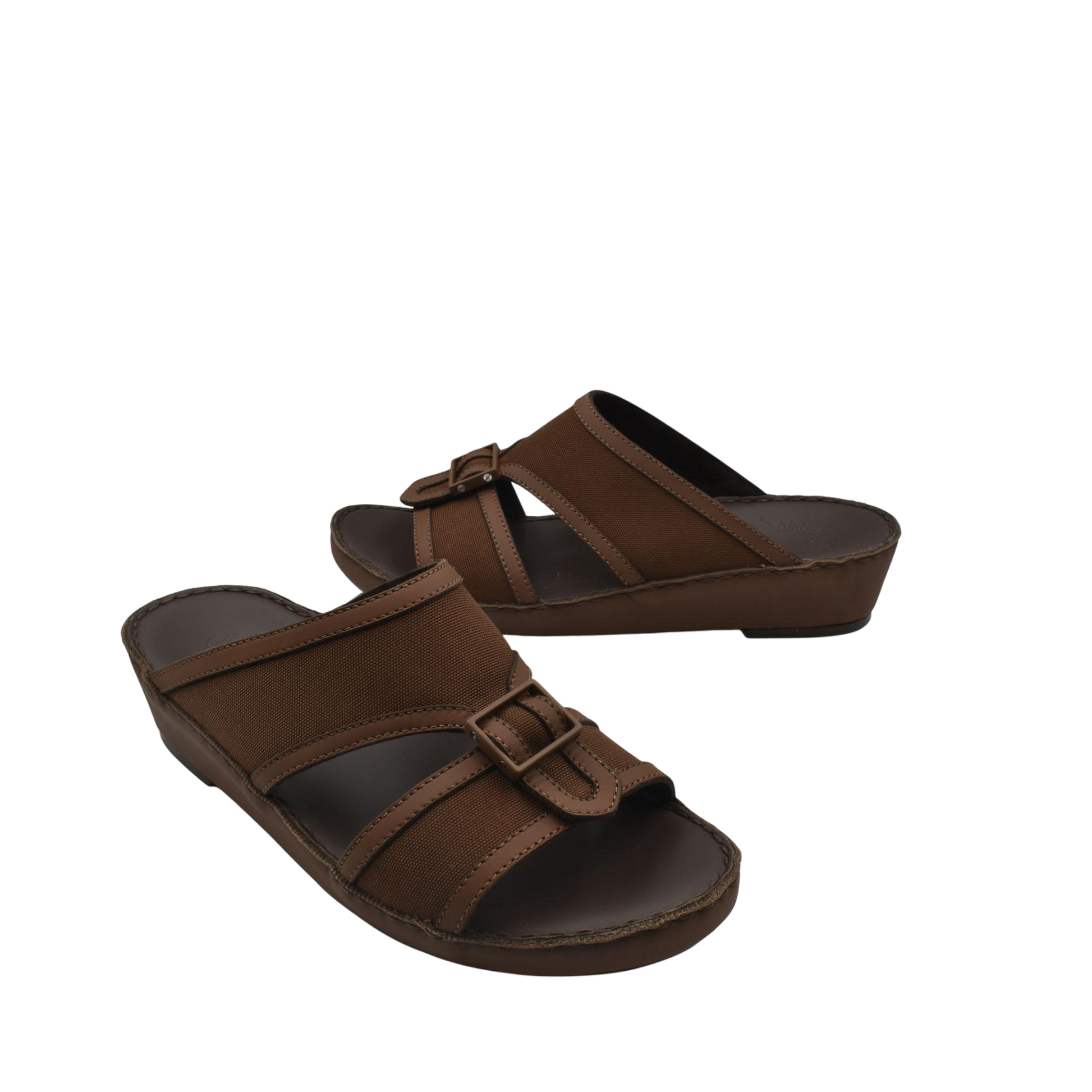 Brown softcalf comfort slip on sandals with adjustable straps and cushioned footbed
