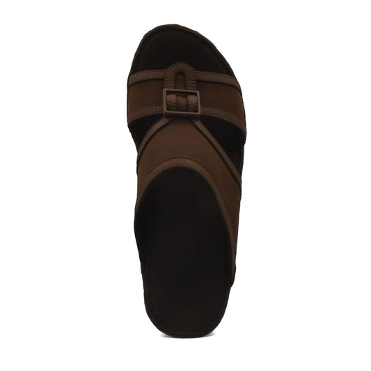 Brown softcalf comfort slip on sandals with buckle detail and cushioned footbed