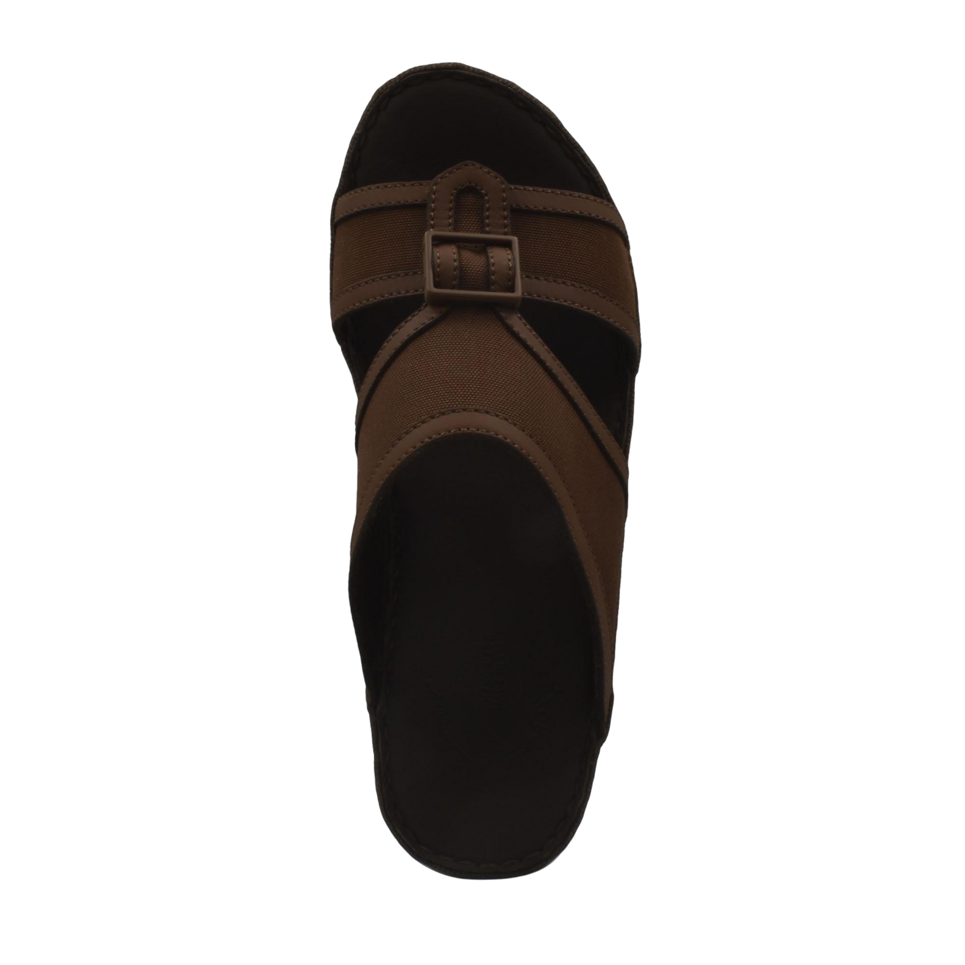 Brown softcalf comfort slip on sandals with buckle detail and cushioned footbed