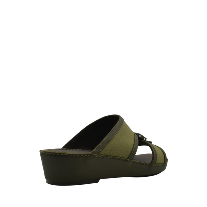 Olive green softcalf comfort slip on sandals with cushioned sole and adjustable straps