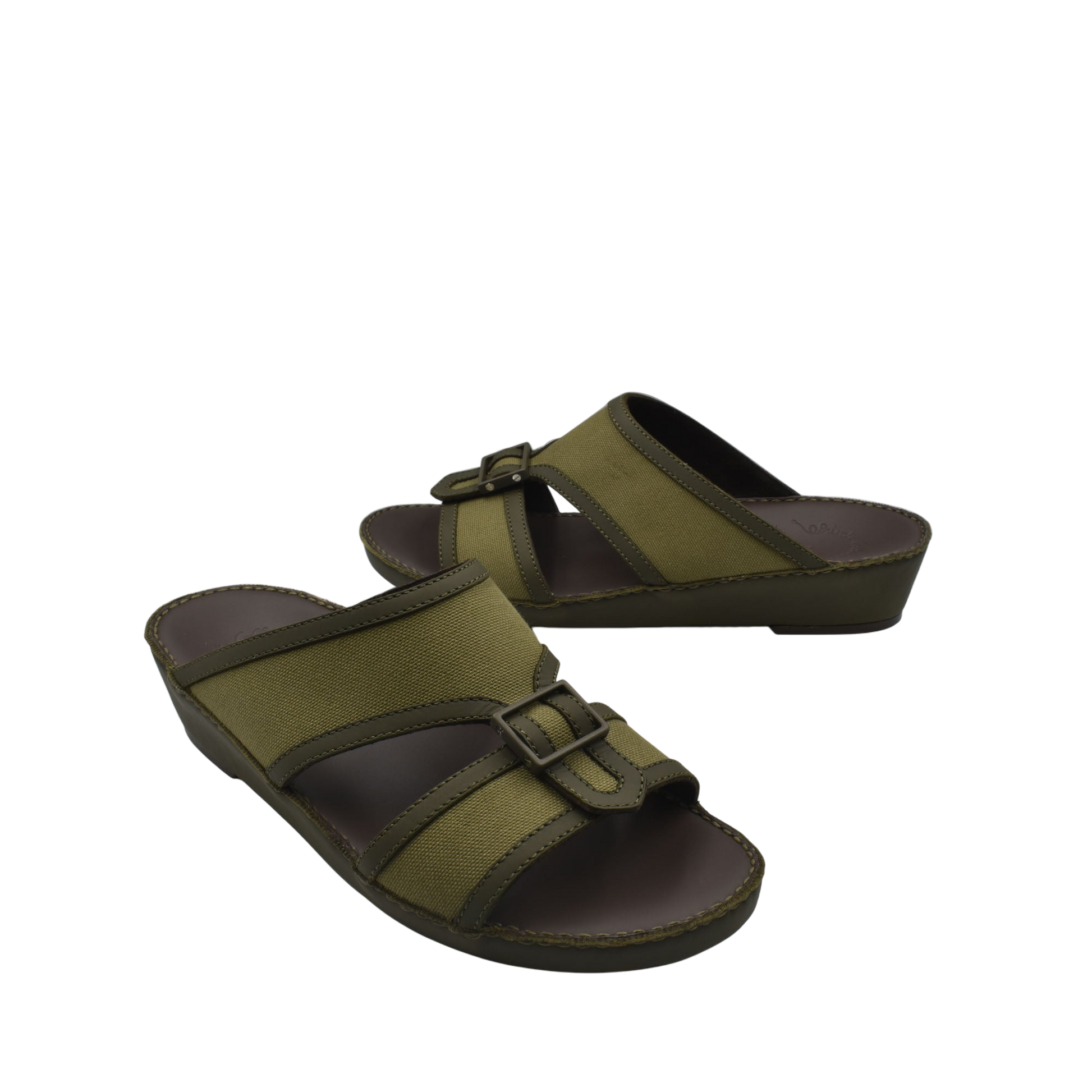 Olive green softcalf comfort slip on sandals with adjustable buckle straps and brown sole