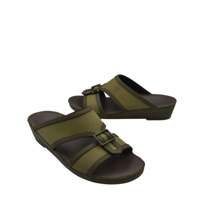 Olive green softcalf comfort slip on sandals with adjustable buckle straps and brown sole
