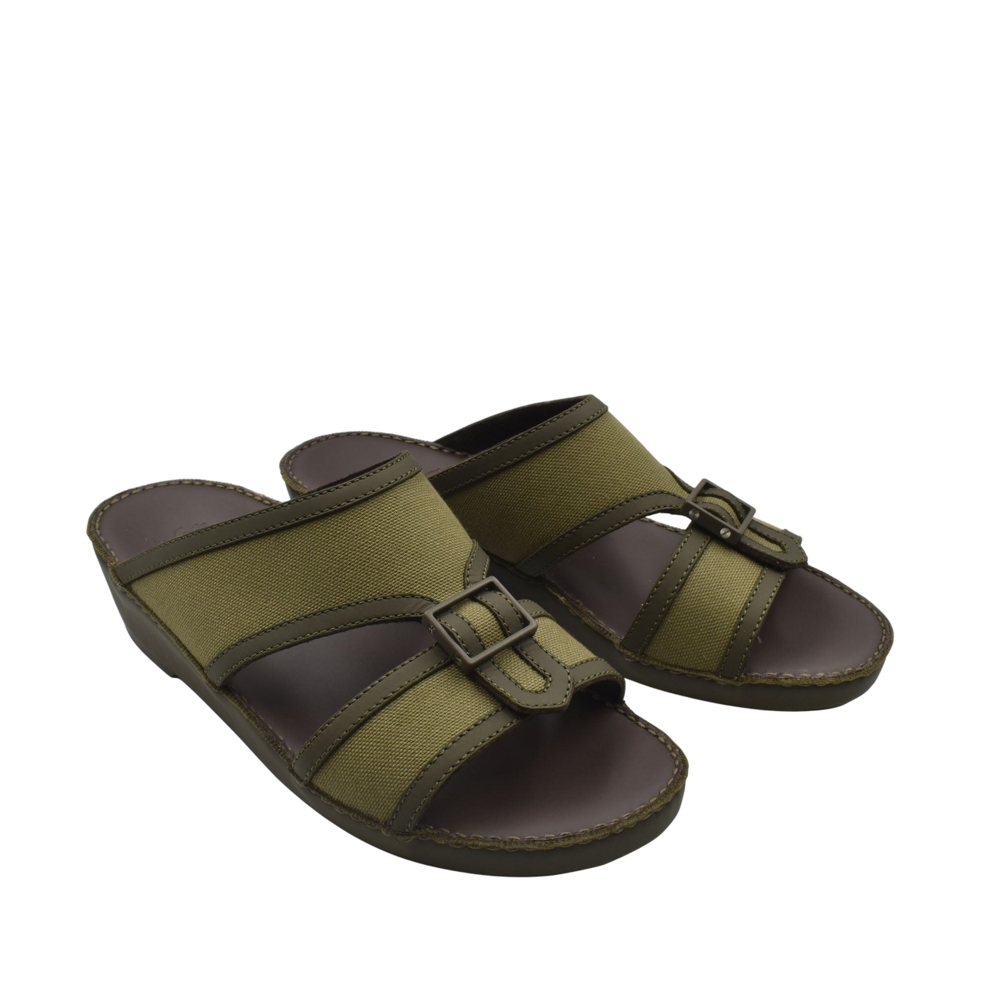 Olive green softcalf comfort slip on sandals with adjustable buckle straps for everyday wear