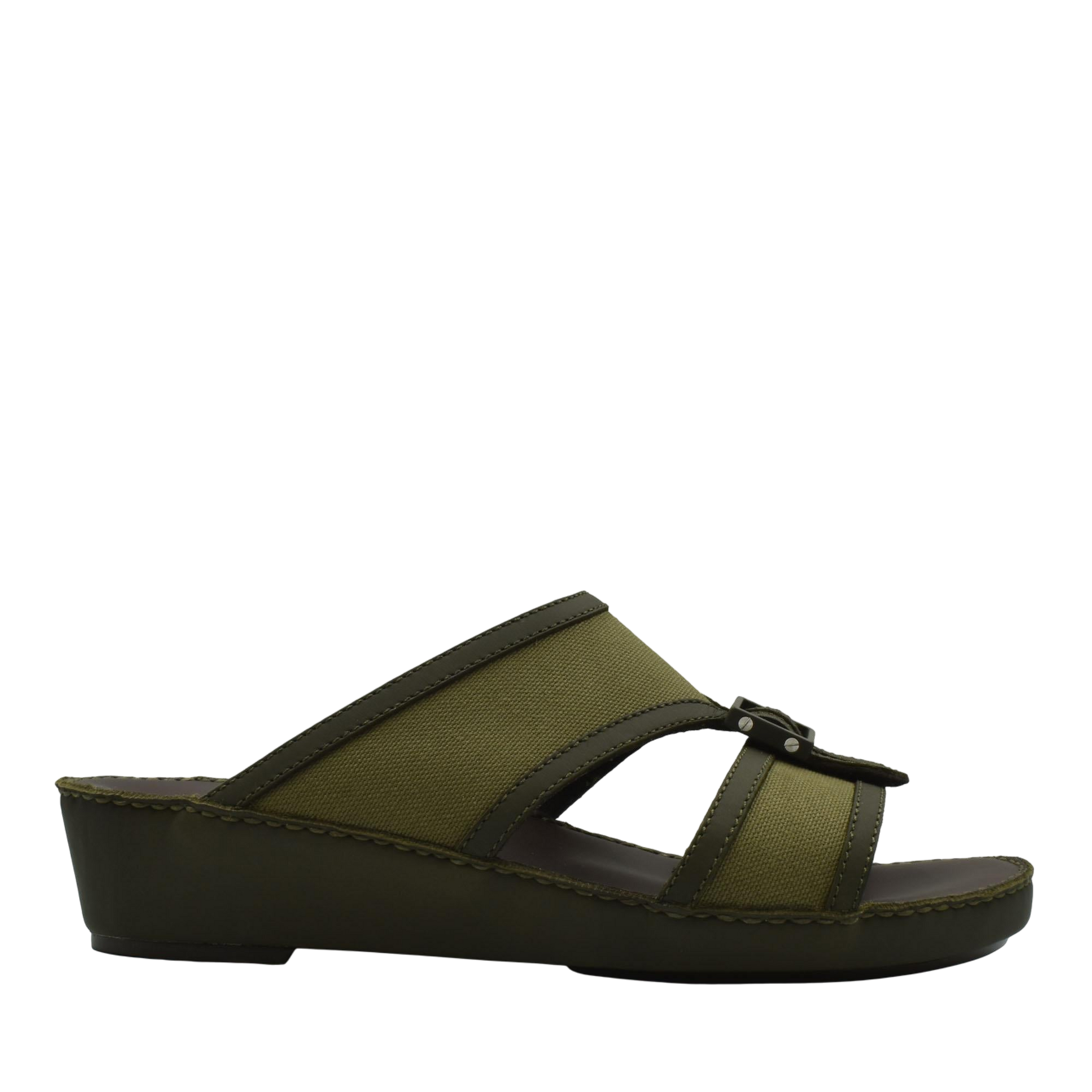 Olive green softcalf comfort slip on sandals with adjustable straps and wedge sole for casual wear