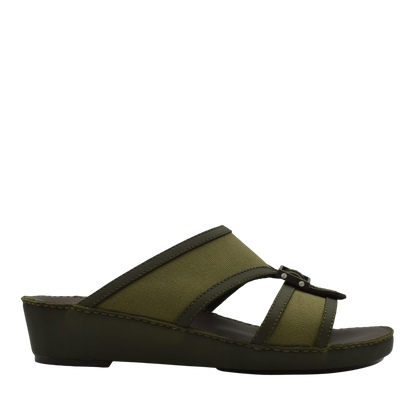 Olive green softcalf comfort slip on sandals with adjustable straps and wedge sole for casual wear